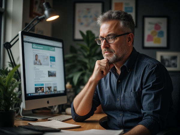 En mann i 50-årene sitter ved datamaskinen og ser på sitt psykologiske nettsted, med en blanding av usikkerhet og kompetanse.