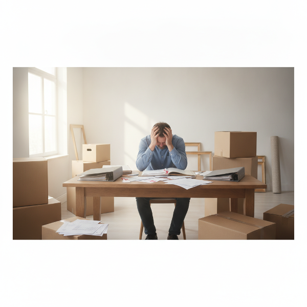 Mann med hodet i hendene, omgitt av flytteesker og papirer, visuelt stress og irritasjon.