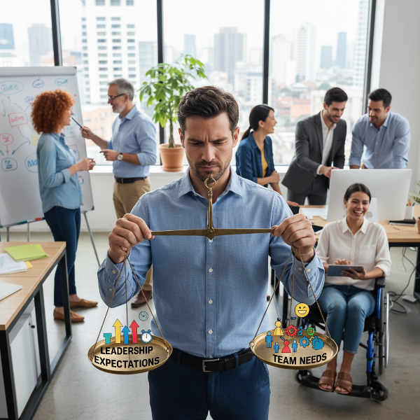 En mellomleder balanserer forventninger og teambehov i et kontormiljø med et variert team som samarbeider.