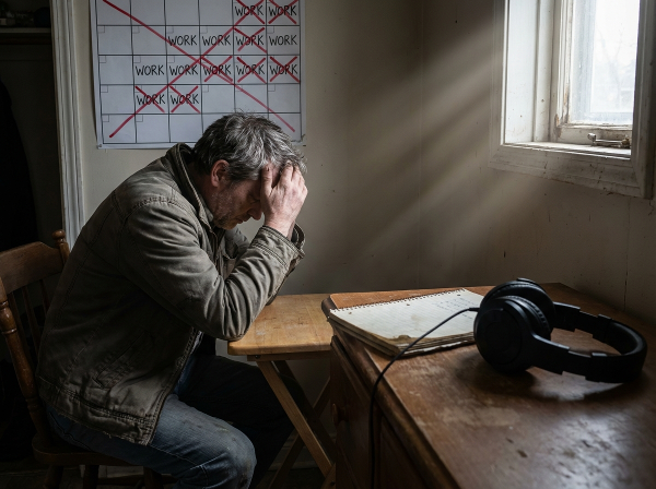 En mann i midten av en personlig krise etter jobbtap, omgitt av symboler på angst og håp.