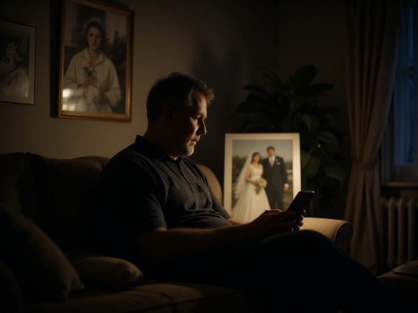 En mann i 50-årene sitter alene på en sofa i et stille, halvmørkt stue. Han holder et bryllupsbilde mens konen hans sitter i den andre enden av sofaen, opptatt av mobiltelefonen sin. Atmosfæren er påfallende distansert og melankolsk.