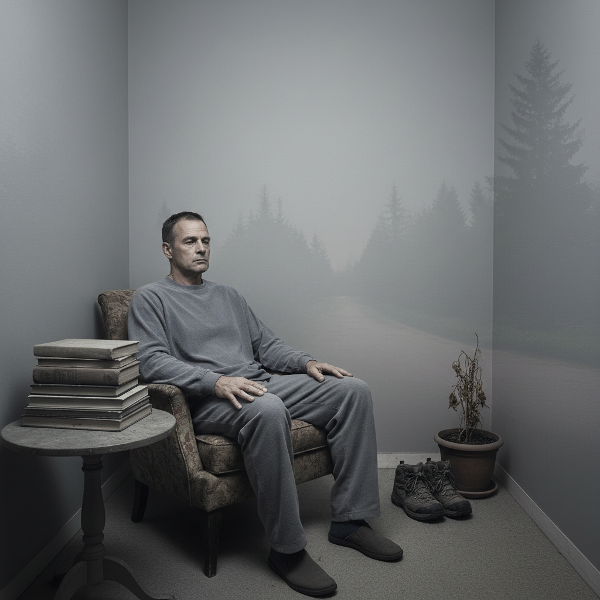 En mann i 50-årene som føler seg fanget i en grå hverdag, uten glede eller mening, mens han stirrer ut i en disig skog eller en tom bok.
