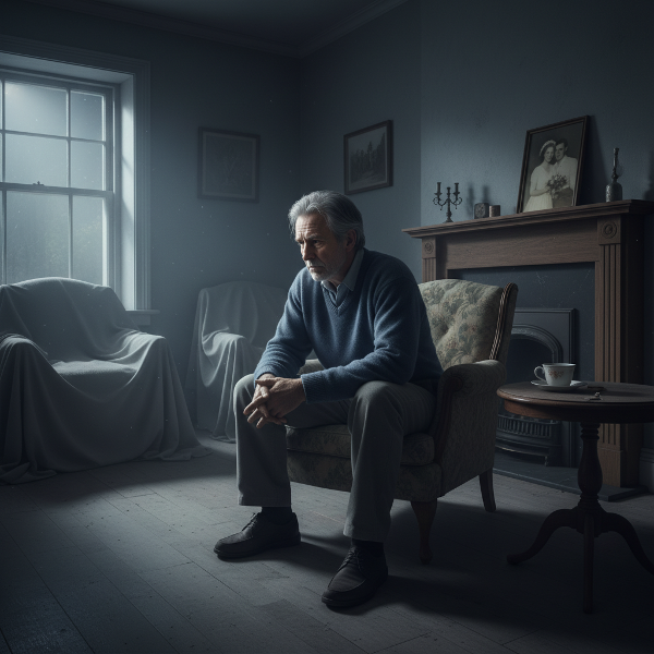 En mann i 50-årene sitter alene i en stue og ser på et bryllupsbilde, mens han reflekterer over følelsesmessig avstand i ekteskapet.