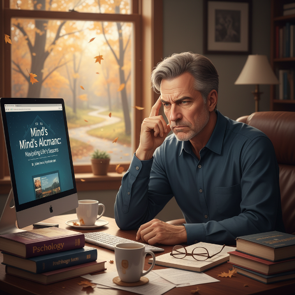 En 59 år gammel mann i hjemmekontoret ser på sin nye psykologiske nettside, med et uttrykk som viser irritasjon og eksistensiell undring, omgitt av høstsymbolikk.