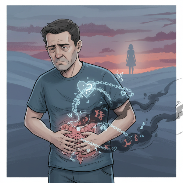 En mann med magesmerter koblet til følelsesmessig avhengighet og konflikt i et forhold, visuelt symbolisert gjennom kroppslige og psykiske lenker.