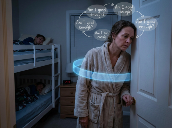 En mor sitter på kanten av et barns seng om natten, med et anspent uttrykk. Et gjennomsiktig bånd vikler seg rundt hennes bryst. I luften rundt henne flyter tankebobler med gjentakende spørsmål om hennes foreldreevne.