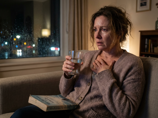 En kvinne som opplever et panikkanfall om natten, med hjertebank og svette, og følelsen av å falle fra hverandre.