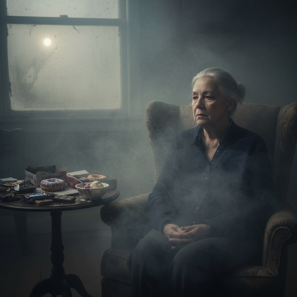 En kvinne i 60-årene omgitt av en grå tåke av apati, stirrer tomt for seg selv med trøstemat i nærheten.