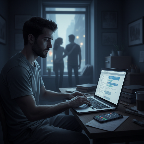 En ung mann føler seg ensom og fanget mellom sitt hjelpearbeid på datamaskinen og sitt eget private liv som føles fjernt.