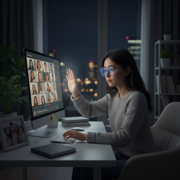 En ung kvinnelig nettpsykolog som føler seg ensom foran skjermen, med en visuell kontrast mellom digitale linjer og et ønske om ekte menneskelig nærhet.