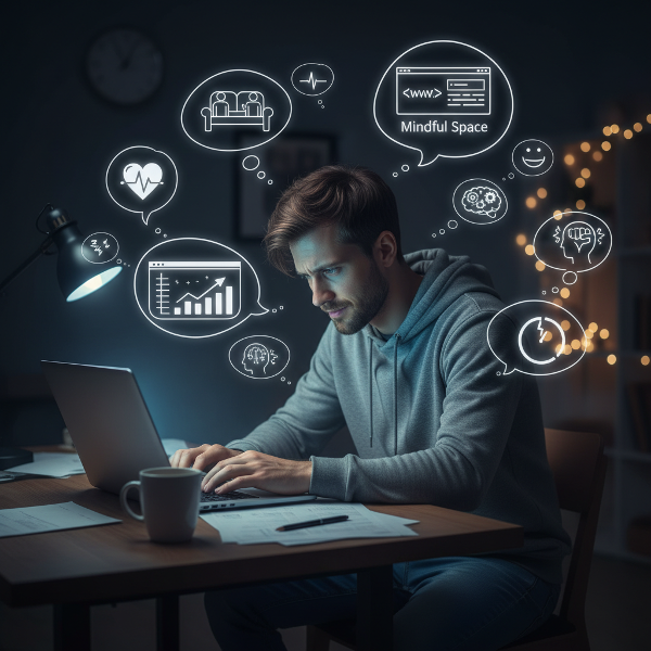 En ung mann føler seg overveldet av å drive en online psykologpraksis alene, med symptomer på stress og bekymring om å svikte.