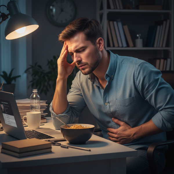 En ung mann som føler kroppslig stress og usikkerhet mens han jobber med psykologisk nettbasert rådgivning.