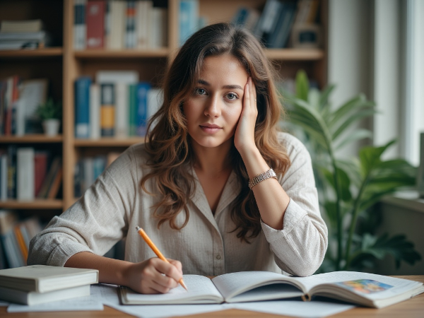 En ung kvinnelig student som føler seg overveldet av studier og deltidsjobb, med stress som henger over henne selv i pauser, mens perfeksjonisme presser henne til å være best på alle fronter.