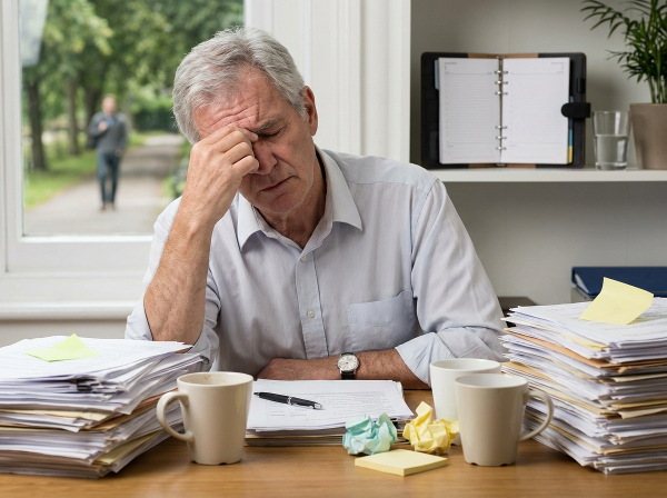 En mann i 60-årene som føler seg overveldet av arbeidspress, med tegn på utmattelse og gamle vaner, men også med antydninger til sunnere måter å håndtere stress på.