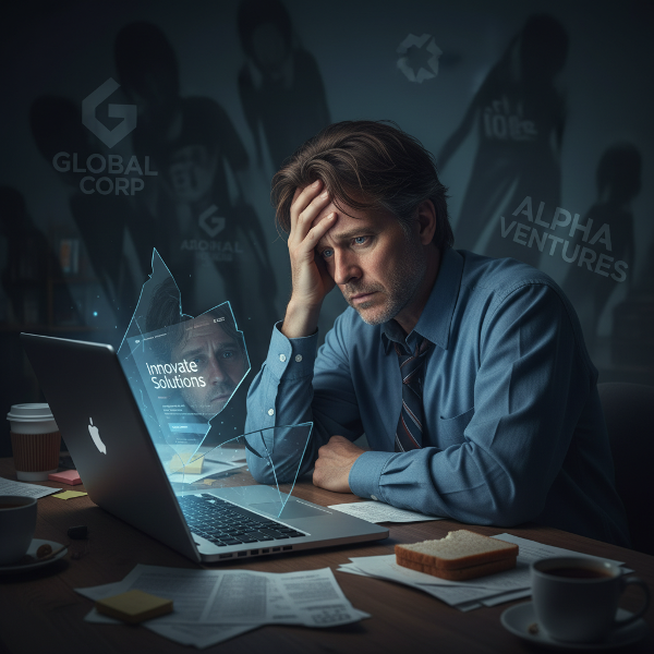 En mann føler seg overveldet av et nytt nettsted, omgitt av skygger fra større konkurrenter, med et splittet speilbilde som symboliserer identitetskrise.