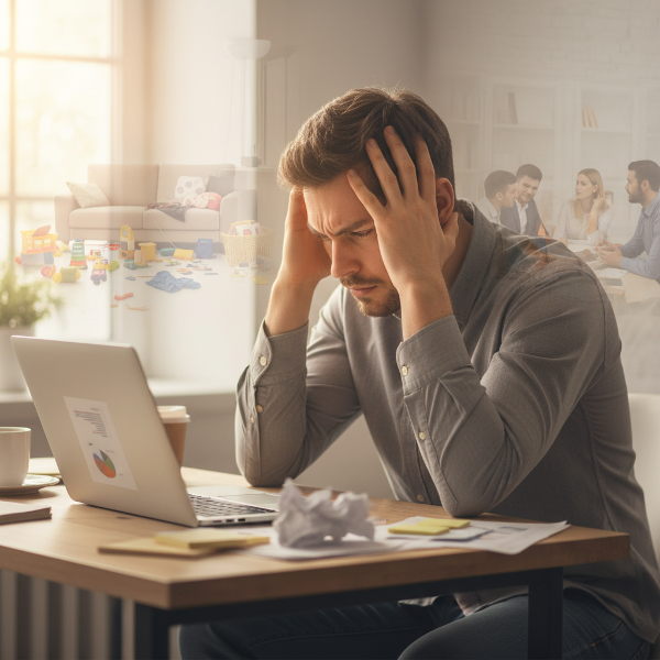 En ung mannlig entreprenør ved et skrivebord som føler seg overveldet og irritabel, med antydninger til stress hjemme og på jobb i bakgrunnen.