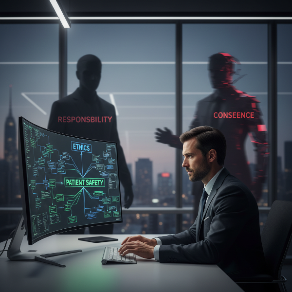 En prosjektleder som fryser foran en skjerm med etiske dilemmaer, omgitt av skygger som symboliserer ansvar og konsekvenser.