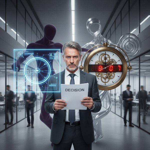 En prosjektleder i kontorlandskap opplever konflikten mellom perfeksjonisme og besluttsomhet, med symboler på tidspress og kvalitet.