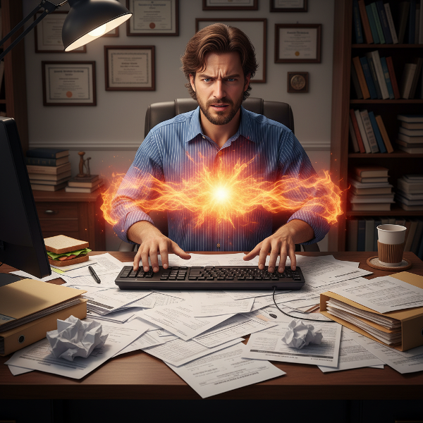 En mannlig psykolog opplever psykosomatisk stress med brystsmerter og pustevansker når han skal håndtere administrative oppgaver, fanget mellom suksess og paralyserende kroppsreaksjoner.