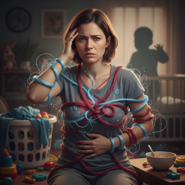 En kvinne som opplever psykosomatiske symptomer og angst knyttet til foreldrerollen, med visuelle symboler på koblingen mellom sinn og kropp.