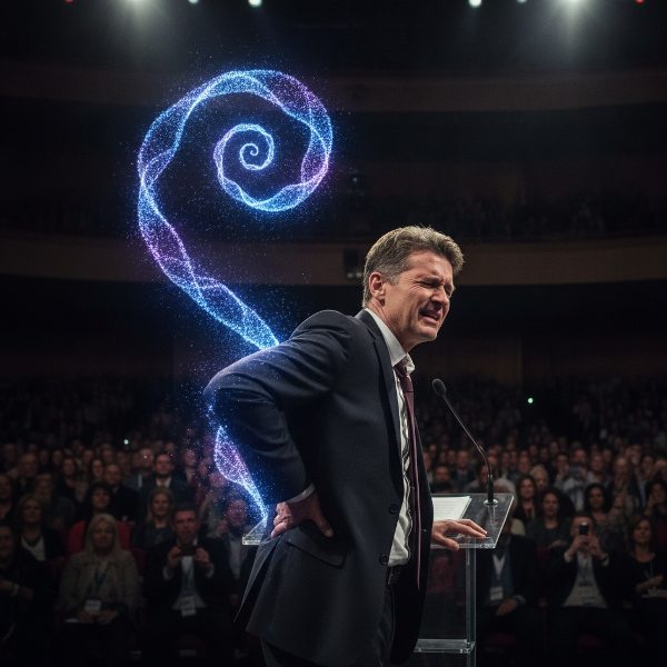 En mann som taler foran en gruppe, med en synlig glød i ryggen som symboliserer psykosomatisk smerte.