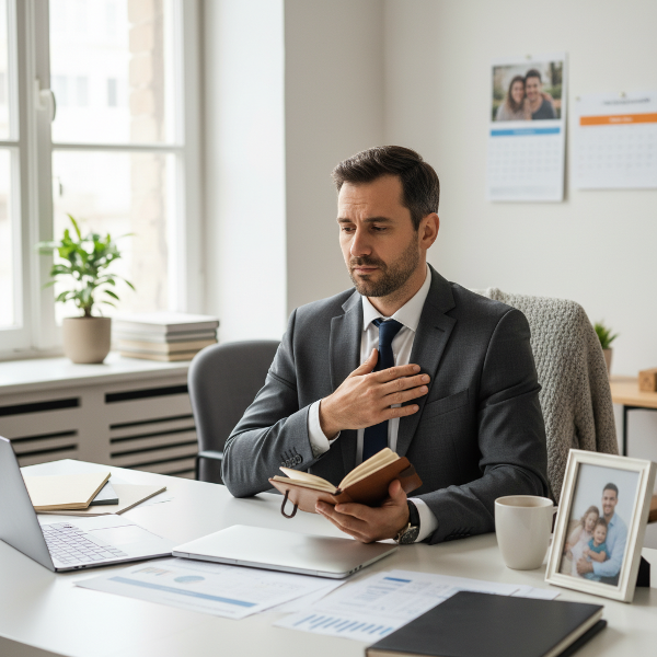 En mann i en kontoroppsetting som reflekterer over jobbutfordringer, mens han viser både usikkerhet og en vei mot selvtillit.