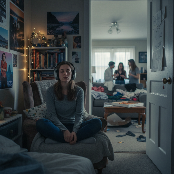 En ung kvinne søker ro på sitt rom med hodetelefoner, mens kaos og spenning er tilstede utenfor.