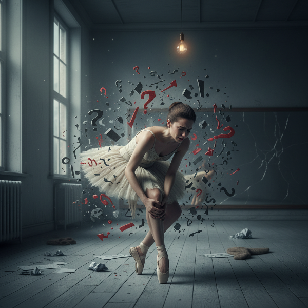 En ballettdanserinne holder kneet i smerte, omgitt av virvlende stress-symboler i et mørkt dansestudio.