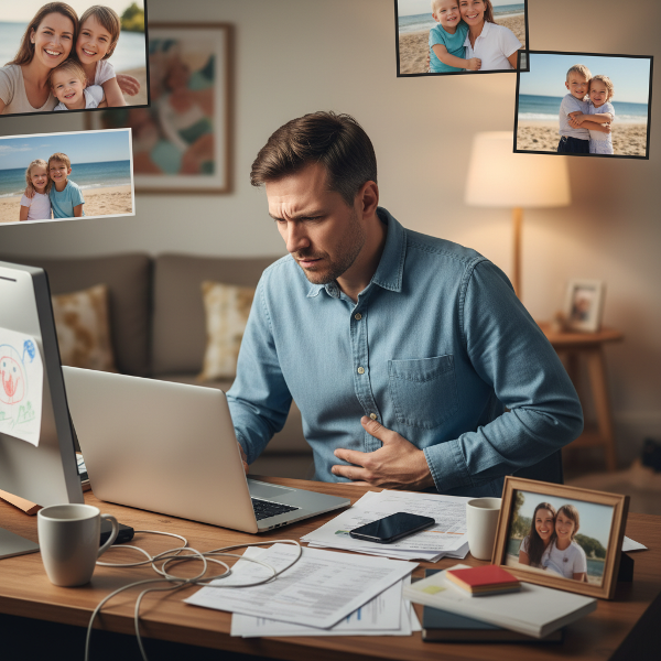 En stresset mann sitter ved et arbeidsbord med datamaskin og mobiltelefon, omgitt av familiebilder, mens han holder seg på magen. Scenen viser uklare grenser mellom arbeid og hjem.
