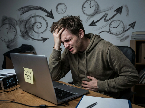 En ung mannlig forfatter som kjemper med hodepine og kvalme foran en datamaskin, omgitt av visuelle symboler på press og tidsfrister.
