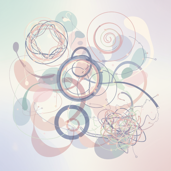Et abstrakt bilde som viser menneskelige tilknytningsmønstre med sammenflettede linjer og former i myke farger.