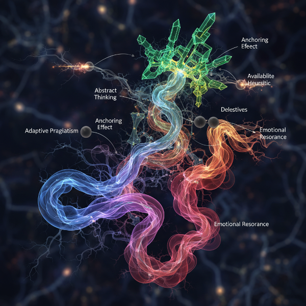 Et abstrakt bilde som viser tre sammenflettede kognitive stier som representerer ulike beslutningsstrategier, med usynlige påvirkninger og mentale forkortelser som former veiene.