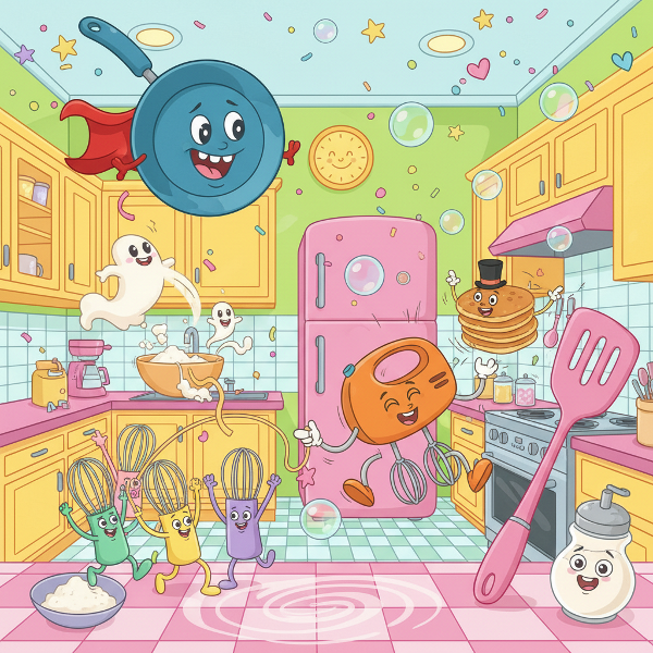 En morsom tegneseriestil illustrasjon av kjøkkenredskaper med personligheter som danser og leker i et fargerikt kjøkken.