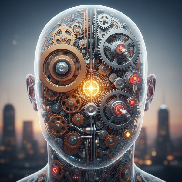 Et bilde som forestiller et menneskesinn som en maskin med tannhjul, der noen deler kjører automatisk på 'autopilot' og andre styres bevisst.