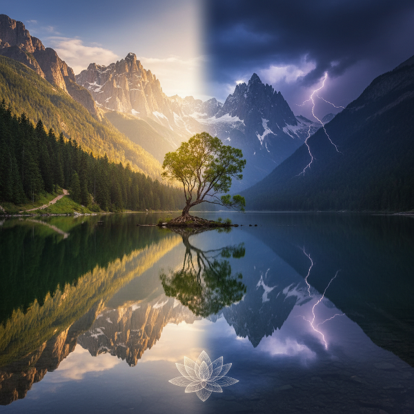 Et bilde av en rolig innsjø som speiler fjell, med både solskinn og tordenskyer, som symboliserer balansen mellom indre styrker og sårbarheter.