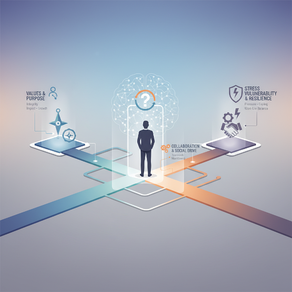 En person står ved et veikryss med ulike karriereveier som symboliserer psykologiske ankre, samarbeid og stresshåndtering i arbeidslivet.