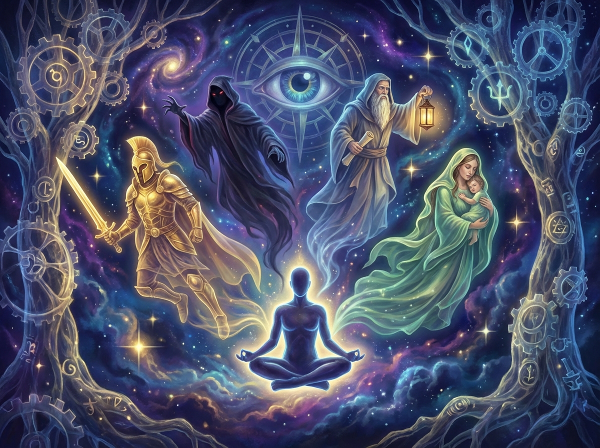 Et mystisk bilde som viser Carl Jungs arke-typer som oppstår fra den menneskelige psyken i et drømmelignende, kosmisk landskap.