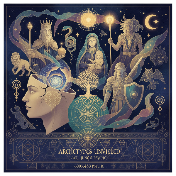 Et mystisk bilde som viser Jungianske arketyper som stråler ut fra et menneskes psyke, med symbolske mønstre og mytologiske elementer i en drømmeaktig stil.