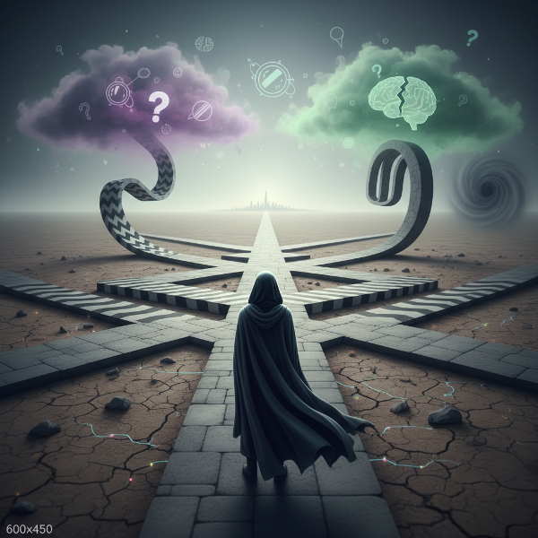 Et bilde som viser en person ved et veikryss med flere tankebaner, hvor noe av informasjonen er forvrengt av kognitive skjevheter og illusjoner.