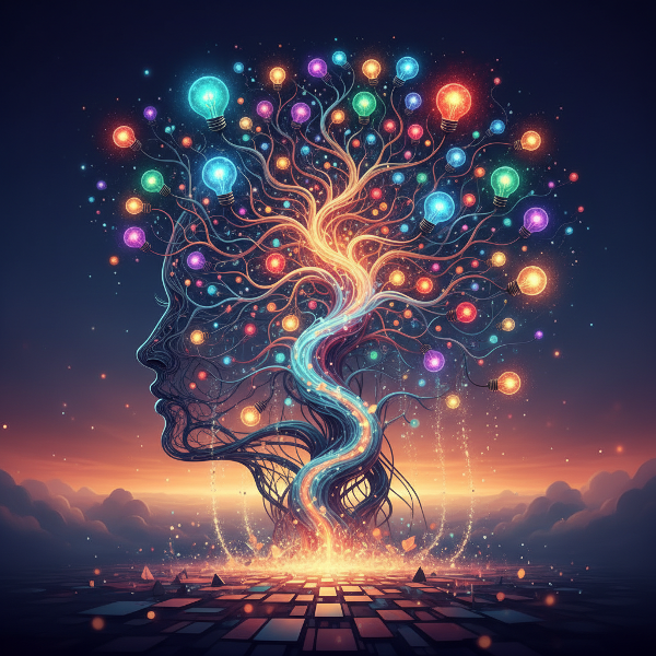 Et abstrakt bilde som viser et menneskesinn som et forgrenet tre med fargerike lyspærer som frukter, som symboliserer kreative ideer som flyter fra tanke til virkelighet.