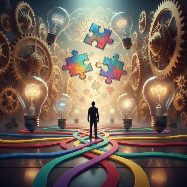 Et bilde som viser en person ved et veikryss med flere fargerike stier som fører til abstrakte idéer, tannhjul og puslespillbrikker, og som symboliserer kreativ problemløsning.