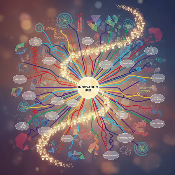 Et abstrakt bilde som viser en kreativ tankeprosess med ideflyt, assosiasjoner og innovative mønstre.