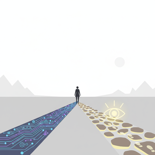 En person står ved et veiskille mellom en automatisk bane og en bevisst valgt bane, symbolsk for testens tema om vaner og bevisst endring.