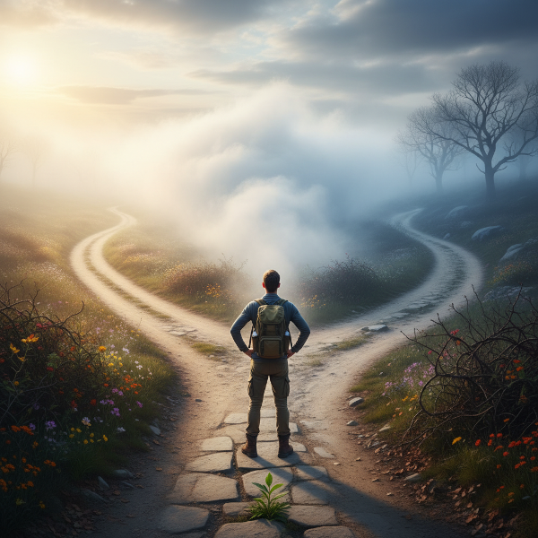 Et bilde av en person ved et veikryss med flere uforutsigbare stier, der tåke og lys symboliserer uventede forandringer og tilpasning.