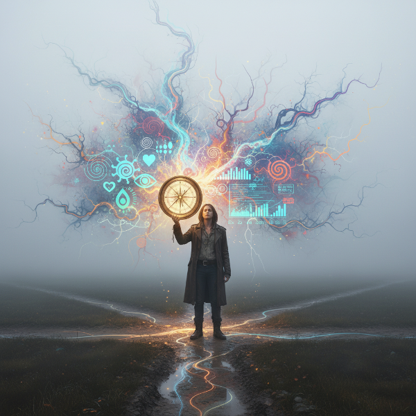 En person ved et veikryss med flere uklare stier i tåke, holder et kompass som lyser med både symbolske og analytiske elementer, i et dynamisk abstrakt landskap som representerer usikkerhet og beslutningstaking.