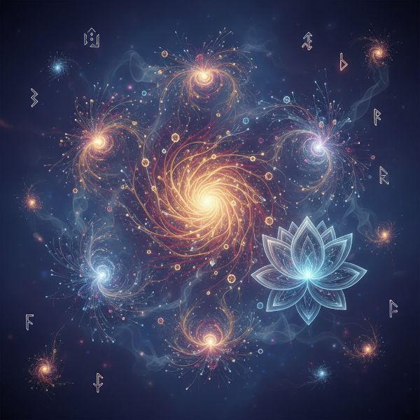 Et abstrakt bilde som viser dype, medfødte mønstre som danner grunnlaget for personlighet, med intrikate strukturer som ligner på nevrale nettverk eller kosmiske konstellerasjoner.