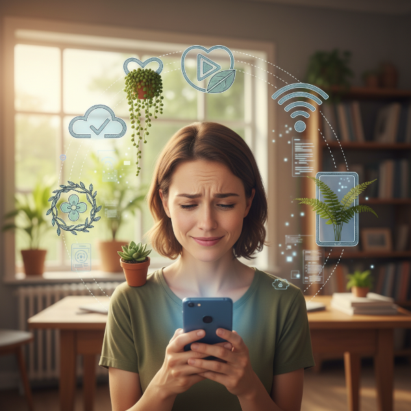 Et bilde som viser en person som balanserer digital teknologi og virkeligheten, med et reflekterende uttrykk.