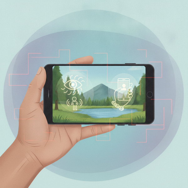 Bildet viser en person som holder en telefon, hvor speilbildet i skjermen viser en rolig naturscene, mens bakgrunnen inneholder symboler som varsler, hjerter og kjeder, som representerer digitale vaner og følelser.