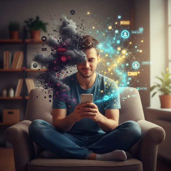 Et bilde som viser en person omgitt av både positive og negative digitale elementer som representerer teknologis påvirkning på mental helse og sosial tilknytning.