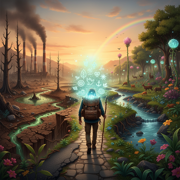 En person som bærer en ryggsekk fylt med glødende natur- og verdibilder, på vandring i et landskap som symboliserer miljøutfordringer og håp for fremtiden.
